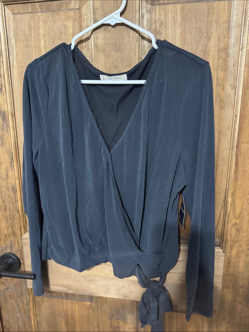 Lucky Brand Women's Navy Faux Wrap Side Tie Long-Sleeve Blouse
